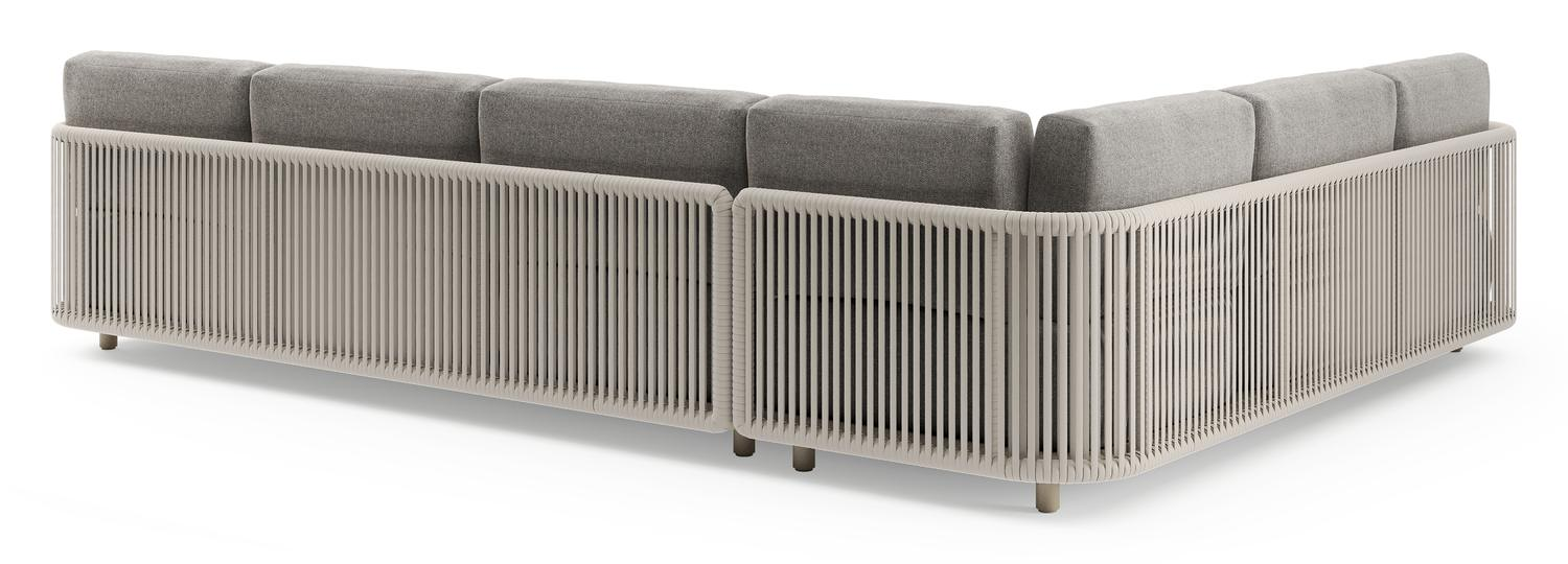 Organo loungehoek in beige aluminium en beige verticaal geweven luxe vlakke rope met chartres drizzle all weather Sunbrella® luxe kussen