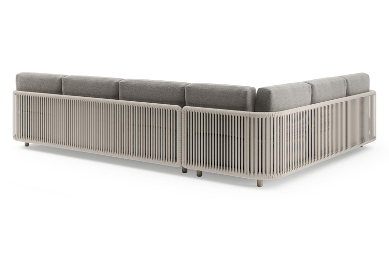 Organo loungehoek in beige aluminium en beige verticaal geweven luxe vlakke rope met chartres drizzle all weather Sunbrella® luxe kussen