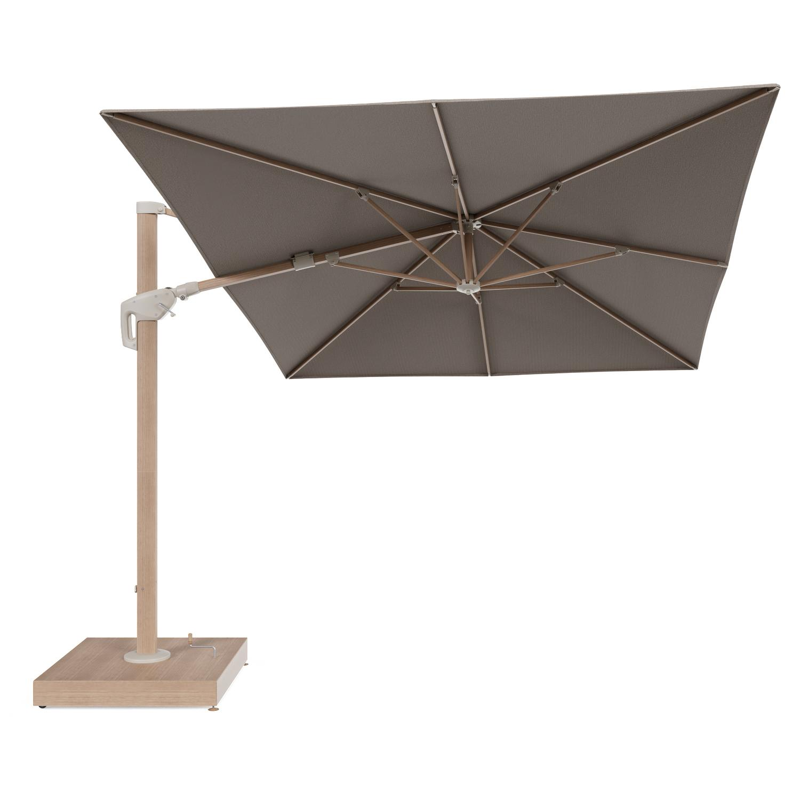 Parasol pendant Minore avec fonction tilt en aluminium aspect de bois et toile de parasol All Weather Solica Firenze Earth - Lg.1 400 x Lg.2 300 cm avec pied de parasol Minore 260 kg avec roulettes