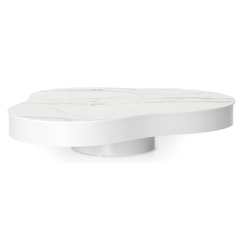 Table de basse Lomano en aluminium blanc et céramique pleine Calacatta - Lg. 131 x Lrg. 108 x Haut. 8 cm