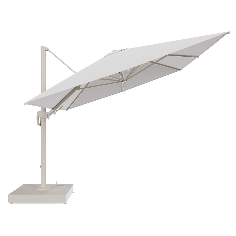 Rufina zweefparasol met tiltfunctie in beige aluminium en Ego Eggshell All Weather Solica parasoldoek - L1 400 x L2 300 cm met parasolvoet Minore 260 kg met wielen