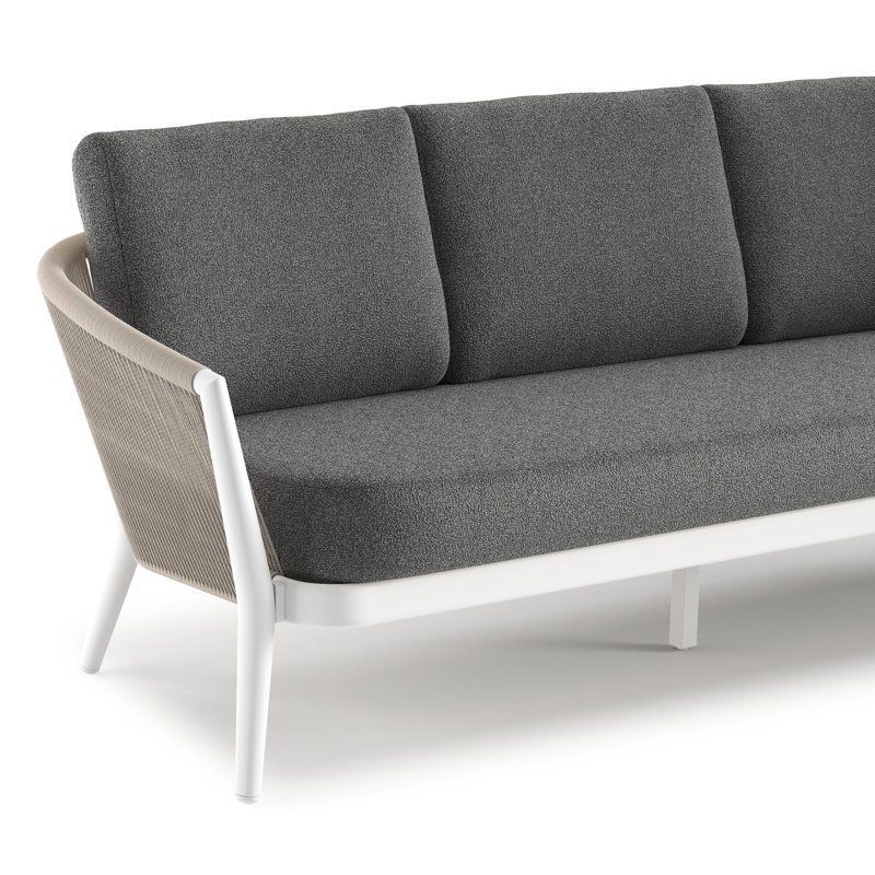 Canapé de jardin Orso en aluminium blanc en corde ronde tissée verticalement beige et coussins en all weather cosytica Catania Black