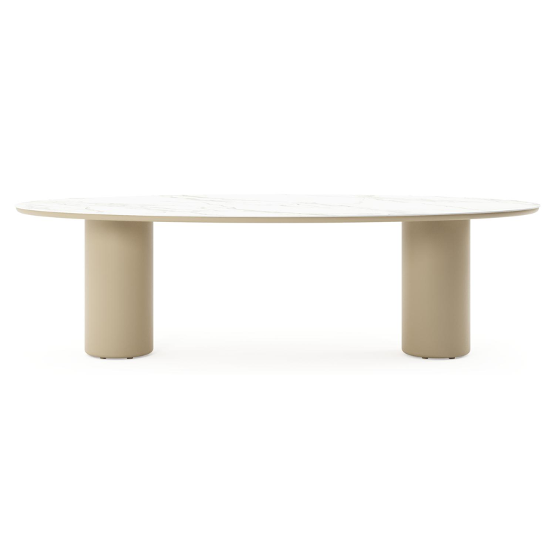 Table de jardin Amico oval en aluminium beige et céramique pleine Calacatta - Lg. 260 x Lrg. 125 x Haut. 74 cm