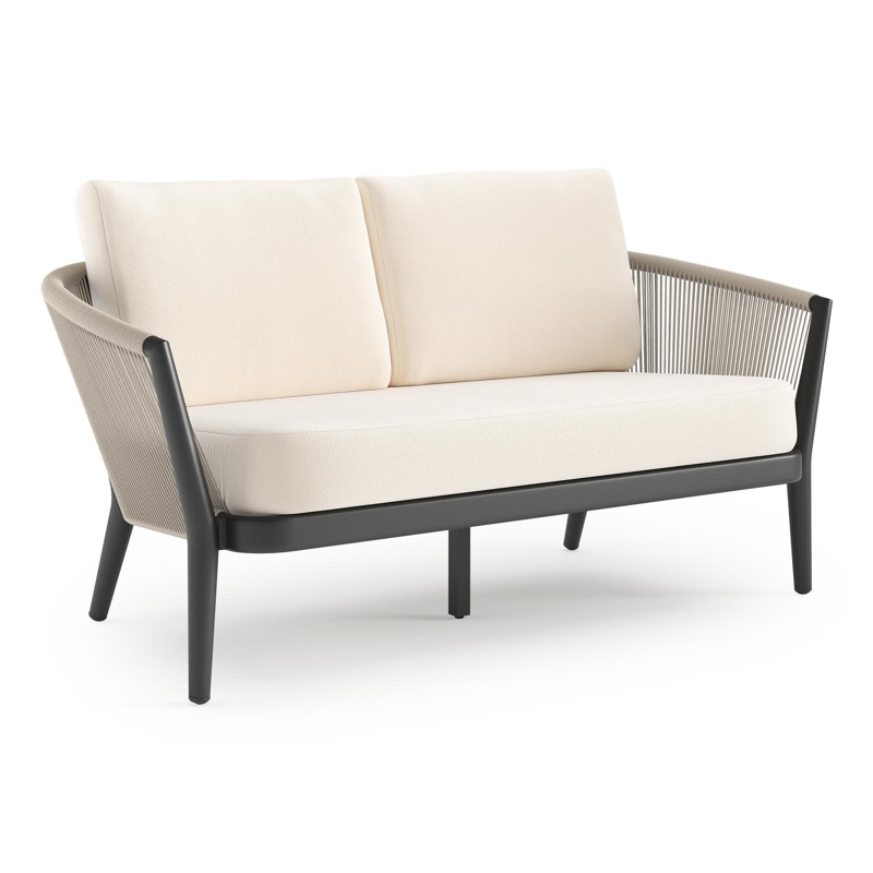 Orso loungebank in zwart aluminium en beige verticaal geweven ronde rope met Lopi Snow all weather sunbrella® luxe kussen
