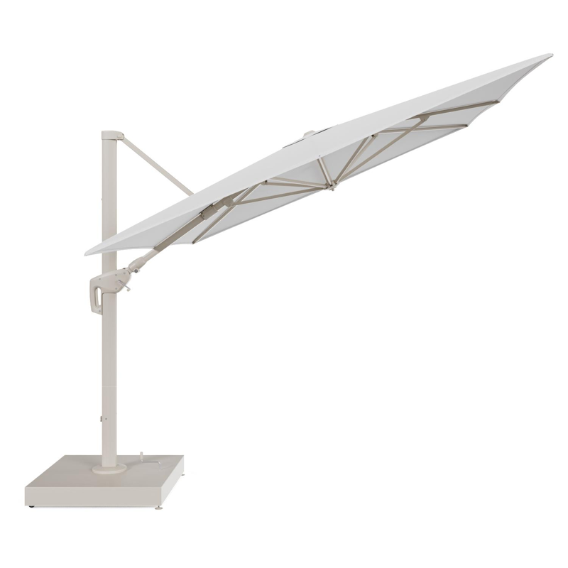 Minore zweefparasol met tiltfunctie in beige aluminium en beige All Weather Sunbrella® Premium parasoldoek - L1 400 x L2 300 cm met parasolvoet Minore 260 kg met wielen