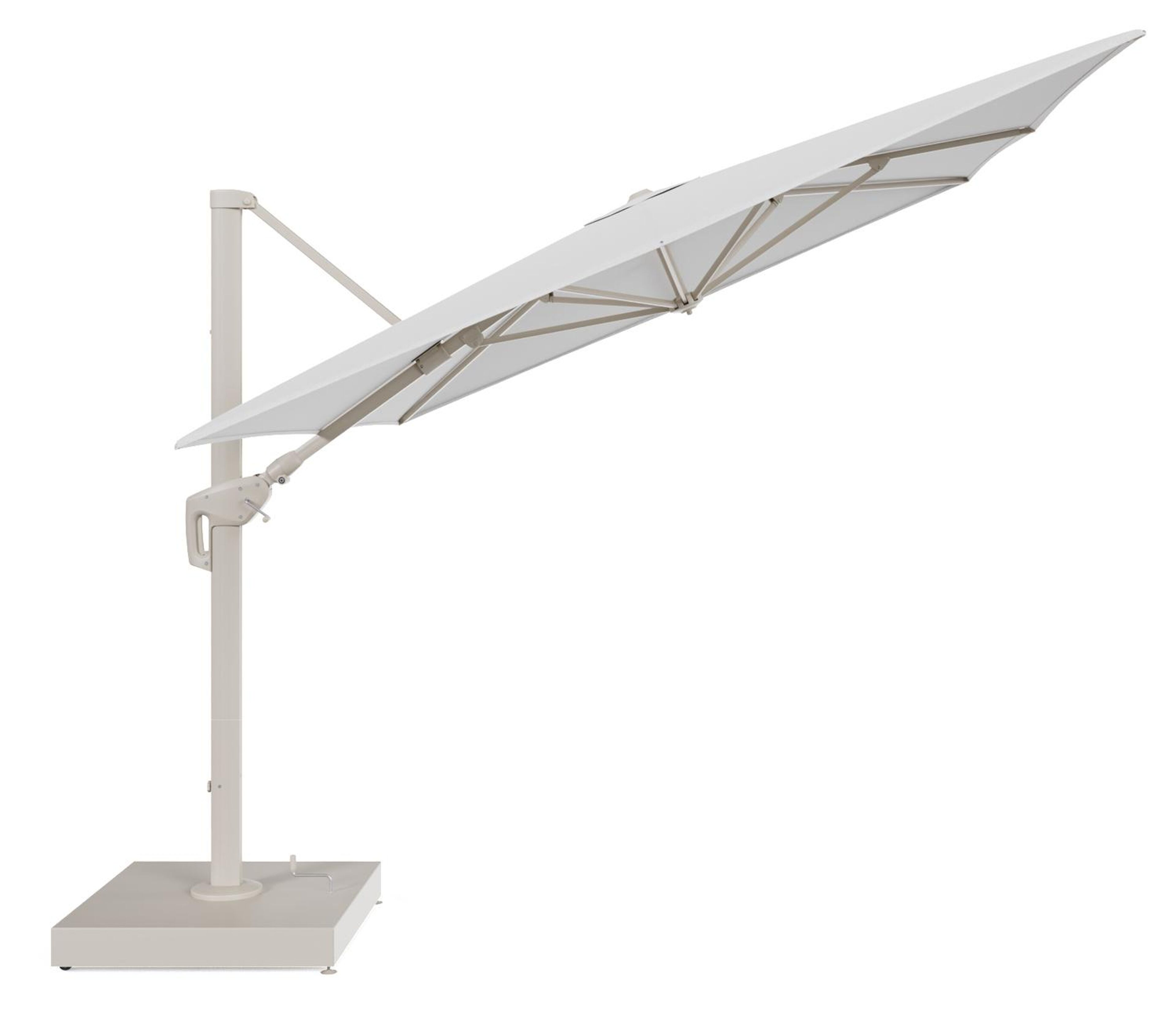 Minore zweefparasol met tiltfunctie in beige aluminium en beige All Weather Sunbrella® Premium parasoldoek - L1 400 x L2 300 cm met parasolvoet Minore 260 kg met wielen