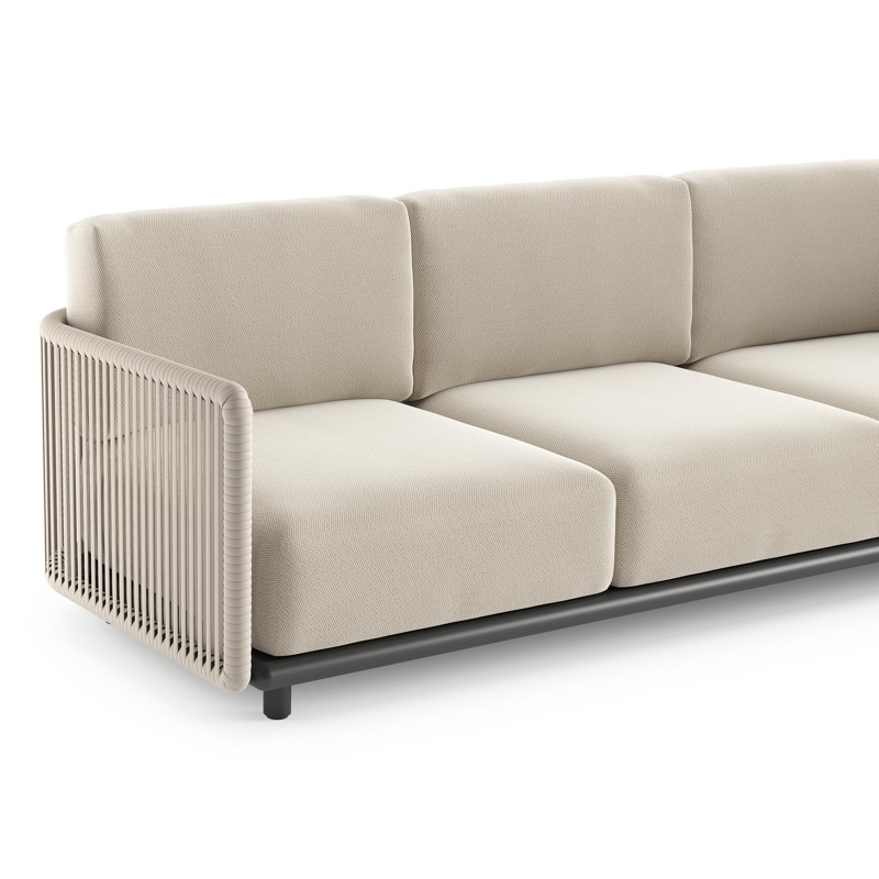 Salon de jardin d'angle Organo en aluminium noir et corde luxe plate tissée verticalement beige et coussin en all weather Sunbrella® luxe lopi marble