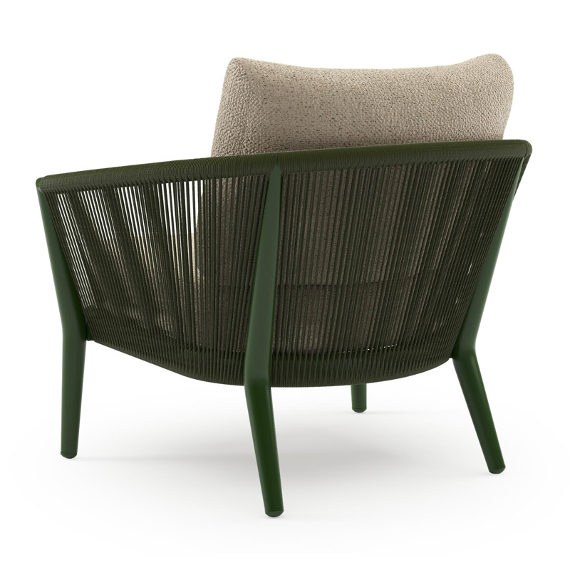 Orso loungestoel in groen aluminium en groen verticaal geweven ronde rope met Bora Forest all weather cosytica kussen