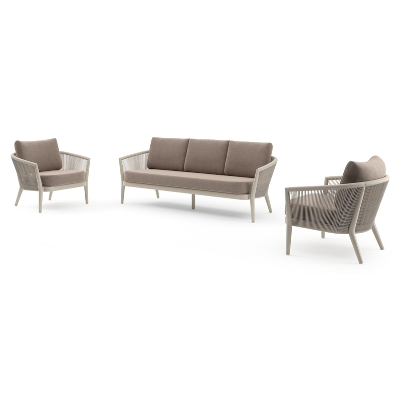 Orso loungeset in beige aluminium en beige verticaal geweven ronde rope met Savane Earth all weather sunbrella® luxe kussen