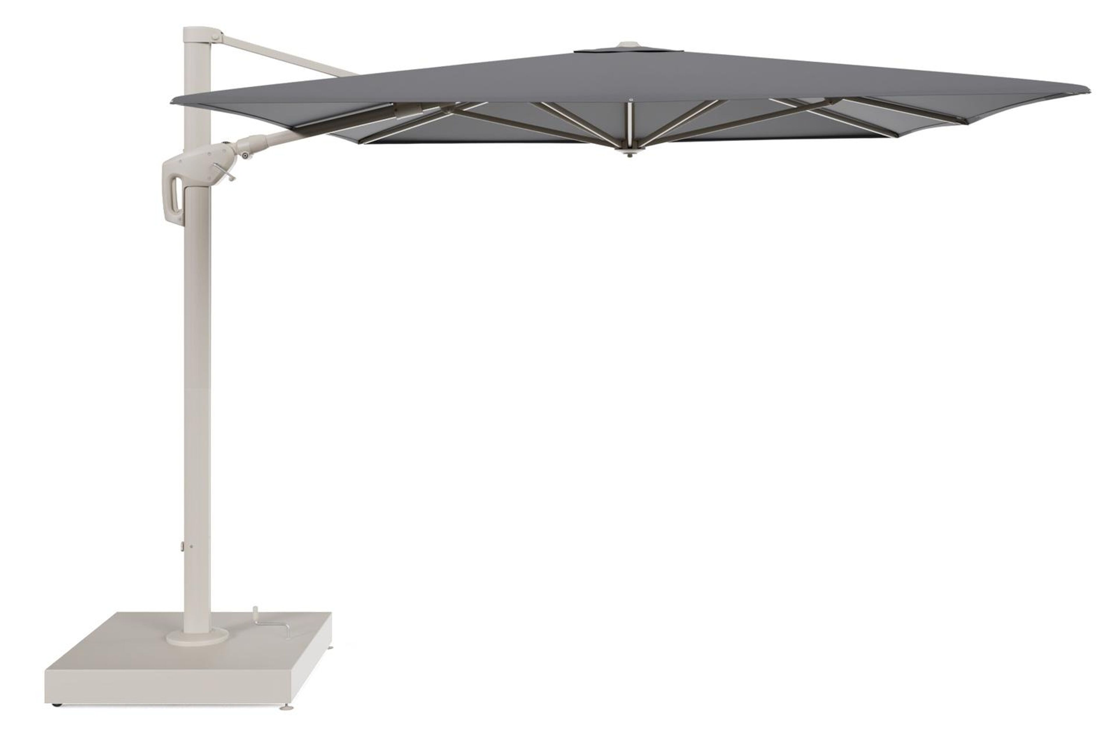 Minore zweefparasol met tiltfunctie in beige aluminium en Natte Charcoal Chine All Weather Sunbrella® Luxe parasoldoek - L1: 400 x L2: 300 cm met parasolvoet Minore 260 kg met wielen