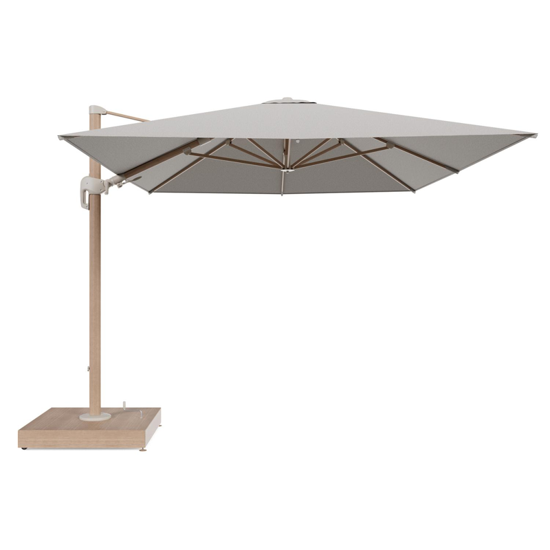 Rufina zweefparasol met tiltfunctie in houtlook aluminium en Firenze Sand All Weather Solica parasoldoek - L1 400 x L2 300 cm met parasolvoet Minore 260 kg met wielen