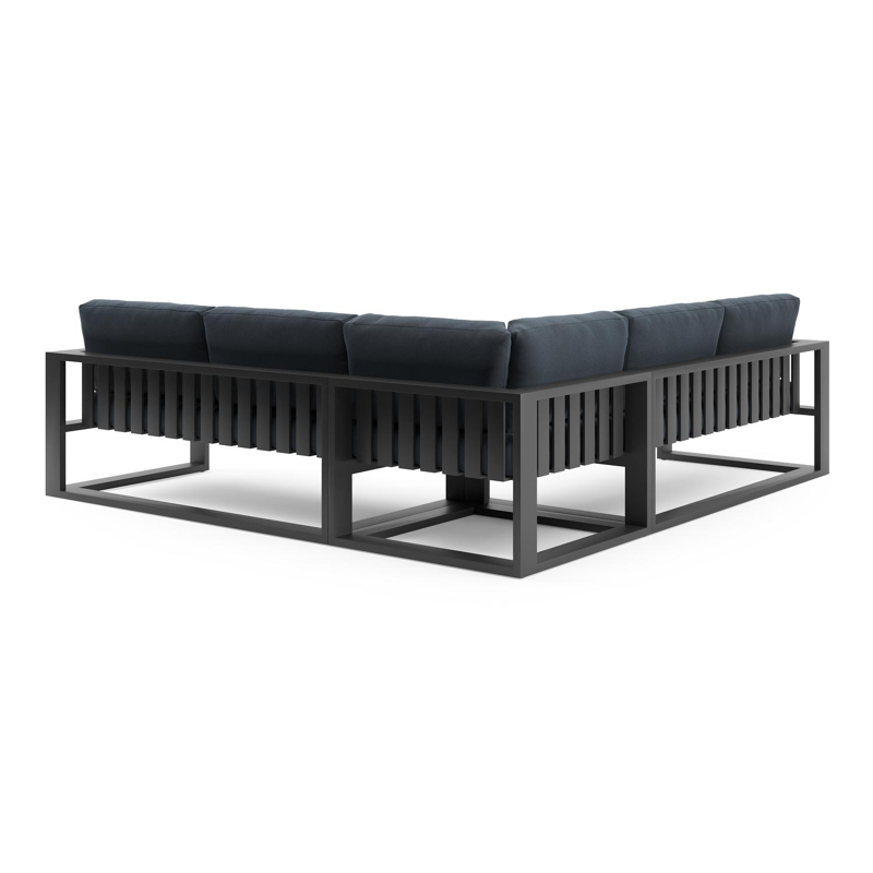 Verato loungehoek in zwart aluminium met heritage indigo all weather sunbrella® luxe kussen