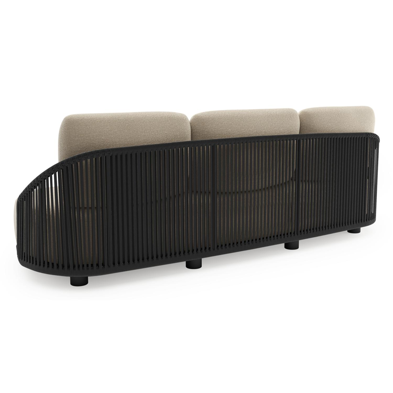 Canapé de jardin Vadelo en aluminium noir et corde ronde tissée verticalement noir et coussins en all weather cosytica marbella sand