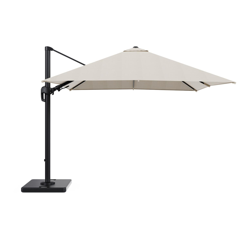 Rufina zweefparasol met tiltfunctie in zwart aluminium met beige all weather sunbrella® premium parasoldoek - L1 300 x L2 300 cm met parasolvoet Lapido 120 kg