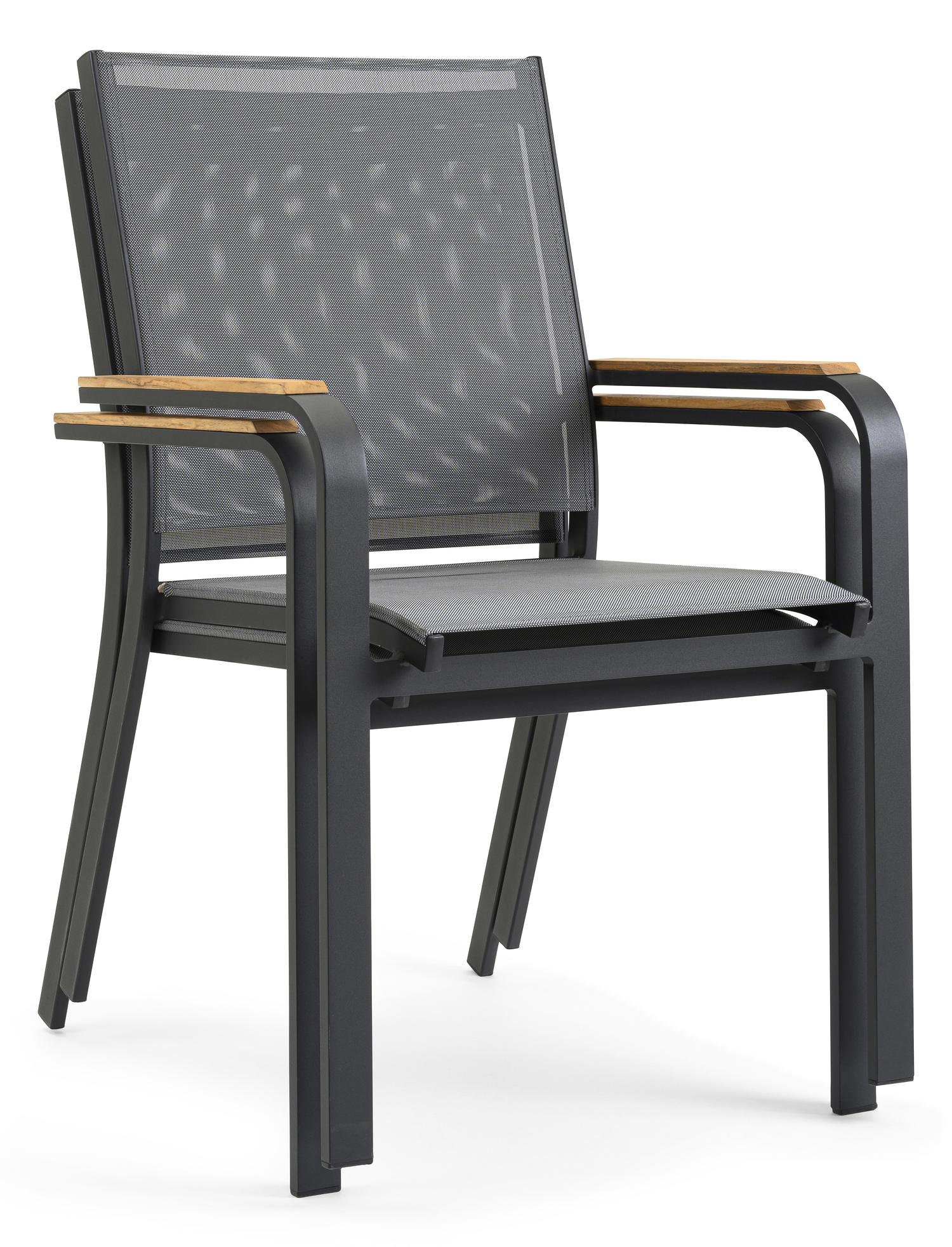 Varese tuinset in zwart aluminium en naturel teak tafelblad met 8 stapelbare Amalfi tuinstoelen