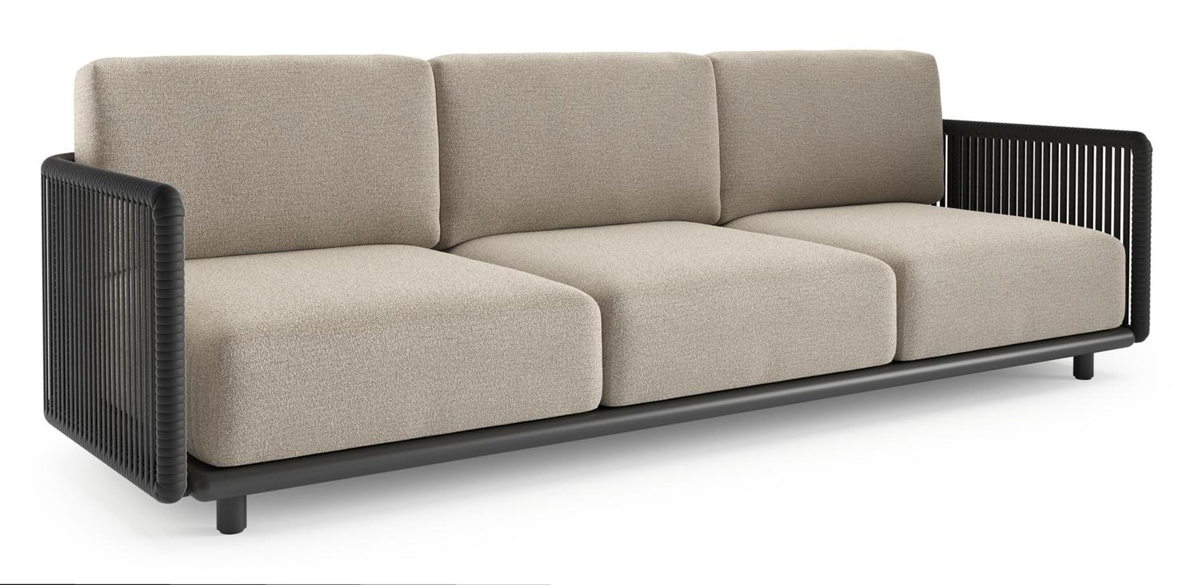 Canapé de jardin Organo en aluminium noir et corde luxe plate tissée verticalement noir et coussin en all weather Cosytica catania sand