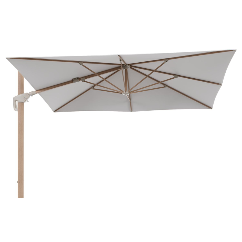 Parasol pendant Minore avec fonction tilt en aluminium aspect de bois et toile de parasol All Weather Sunbrella® Luxe Lopi Snow - Lg.1: 280 x Lg.2: 370 cm (sans pied de parasol
