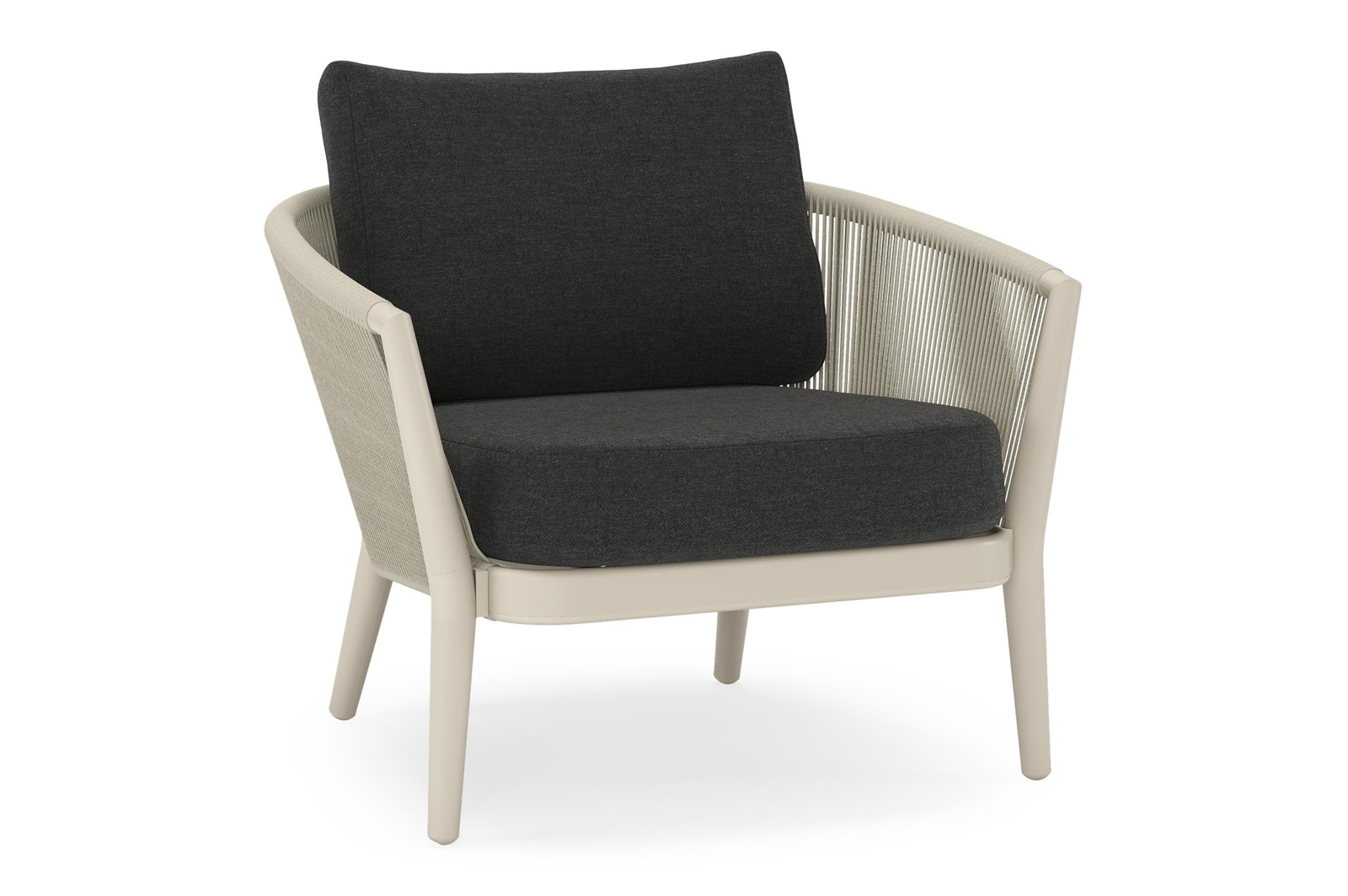 Orso loungestoel in beige aluminium en beige verticaal geweven ronde rope met Chartres Sooty all weather sunbrella® luxe kussen