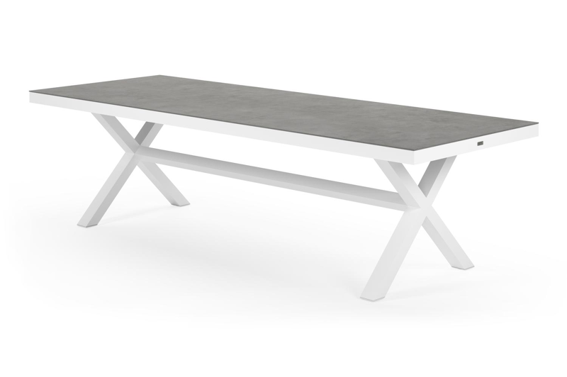 Table de jardin Reza rectangulaire en aluminium blanc et céramique pleine gris - Lg. 270 x Lrg. 100 x Haut. 73,5 cm