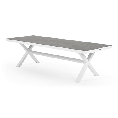 Reza tuinset in wit aluminium en grijs volkeramiek tafelblad met 8 stapelbare Calobra tuinstoelen