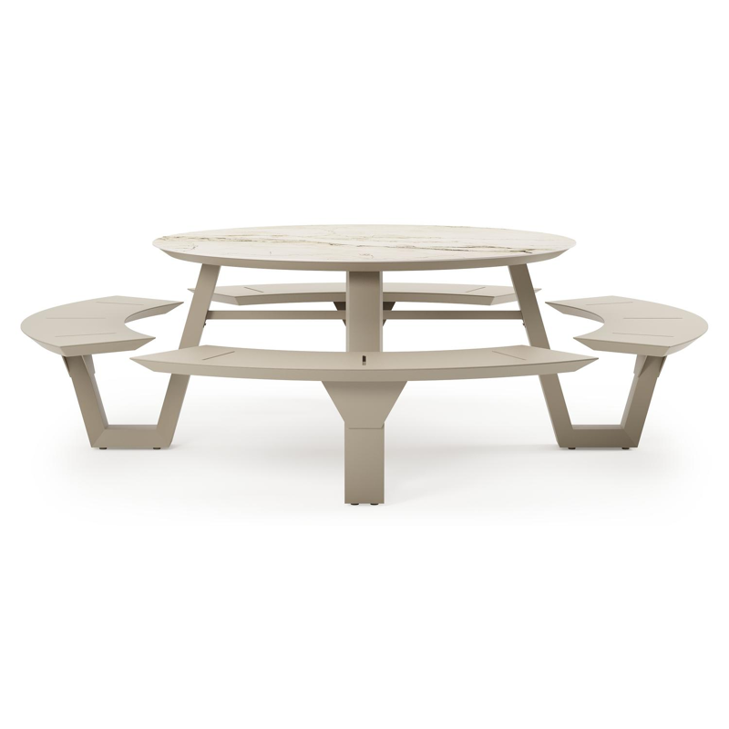 Rondino picknicktafel in beige aluminium en volkeramiek Colorado Dunes - Dia. 148 cm