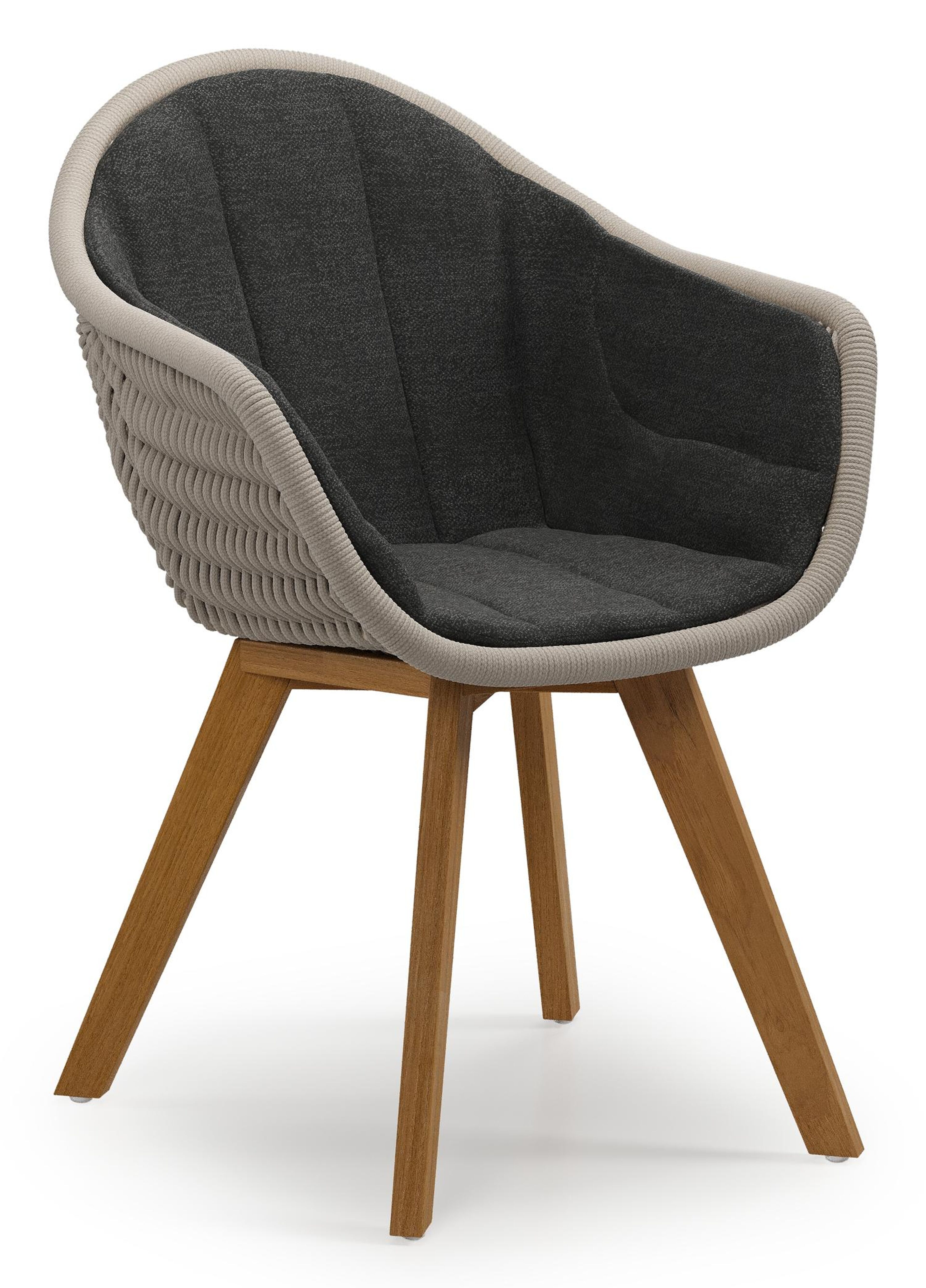 Pagino tuinstoel in teak en beige verticaal geweven ronde rope met zitkussen in All Weather Sunbrella® Luxe Chartres Sooty