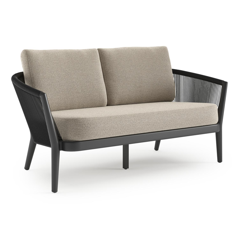 Canapé de jardin Orso en aluminium noir en corde ronde tissée verticalement noir et coussins en all weather cosytica Catania Greige