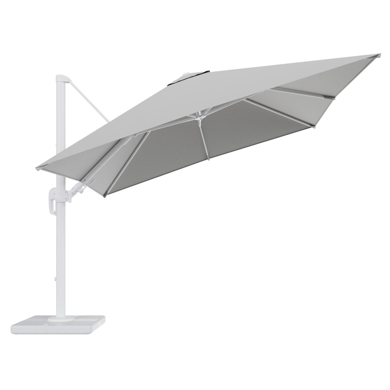 Rufina zweefparasol tiltfunctie in wit aluminium en parasoldoek in All Weather Sunbrella® Luxe Savane Nimbus - L1 300 x L2 300 cm met parasolvoet Lapido 120 kg