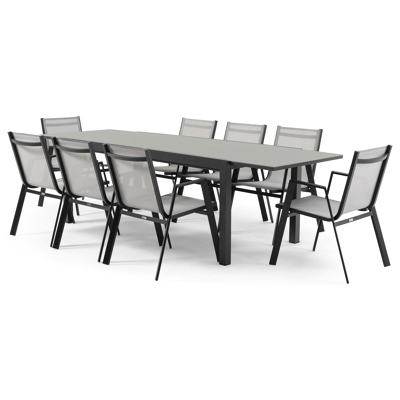 Oviedo tuinset met verlengbare tafel in zwart aluminium en grijs glas tafelblad met 8 stapelbare Oviedo tuinstoelen