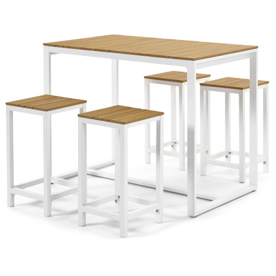 Alta barset in wit aluminium en naturel polywood tafelblad met 4 Alta tuinstoelen