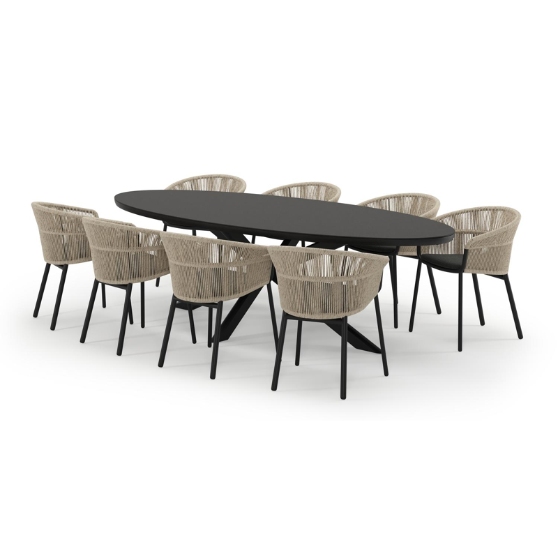Pamplona ensemble de jardin ovale en aluminium noir en sintered stone notte minerale avec 8 chaises de jardin Matera