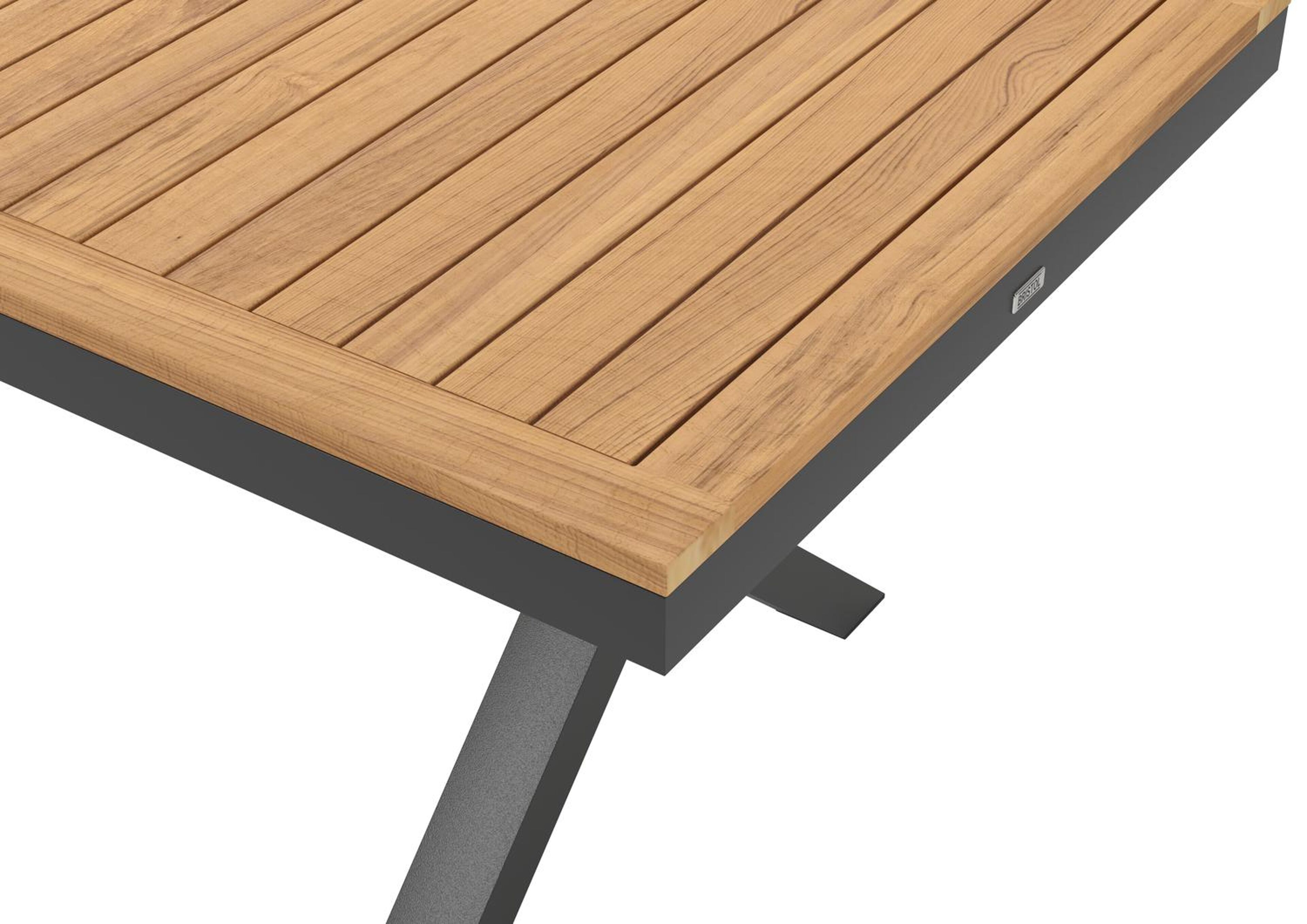 Reza tuinset in zwart aluminium en naturel teak tafelblad met 6 stapelbare Madura tuinstoelen