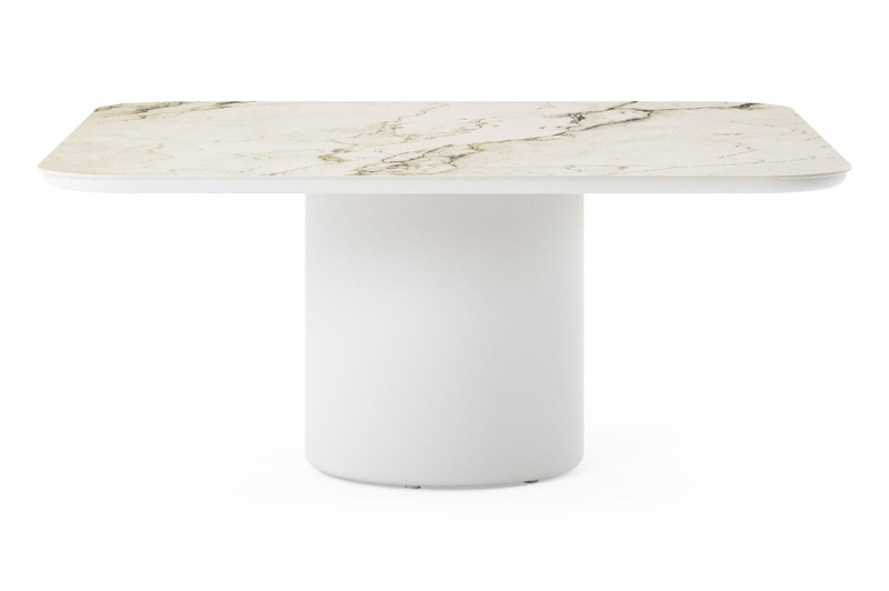 Amico low dining tuintafel afgerond vierkant in wit aluminium en volkeramiek Colorado Dunes - L 148 x B 148 x H 61 cm