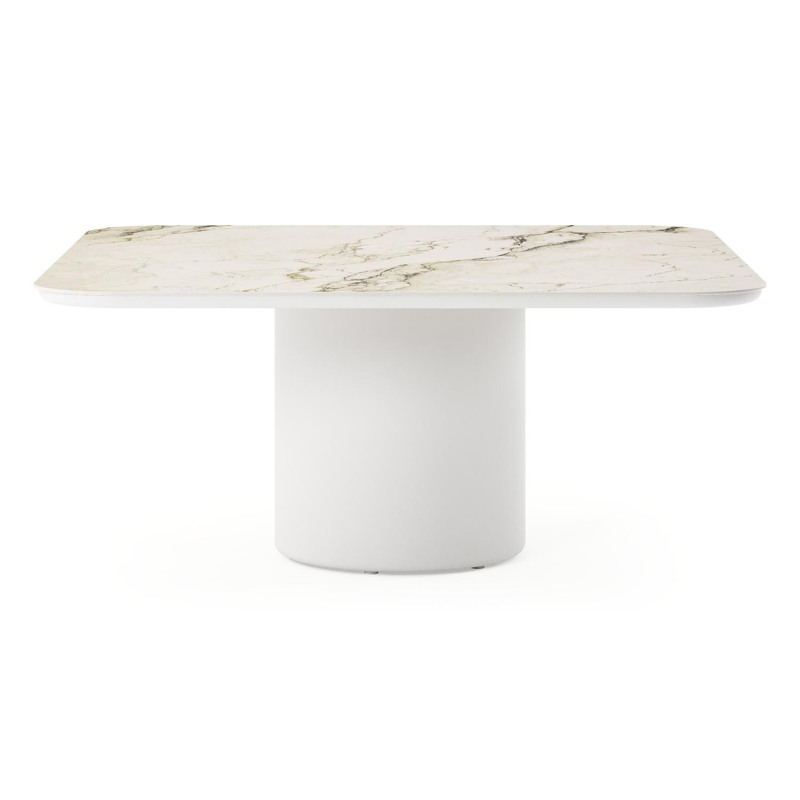 Amico low dining tuintafel afgerond vierkant in wit aluminium en volkeramiek Colorado Dunes - L 148 x B 148 x H 61 cm