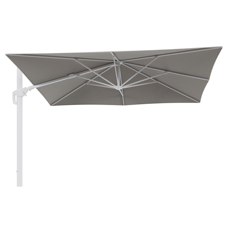 Parasol pendant Minore avec fonction tilt en aluminium blanc et toile de parasol en All Weather Sunbrella® Luxe Firenze Sand  - Lg.1: 280 x Lg.2: 370 cm (sans pied de parasol