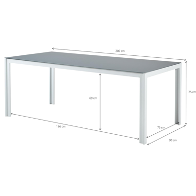 Table de jardin Caldela en aluminium blanc et verre gris - Lg 200 x Larg. 90 x H 75 cm