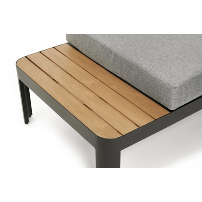 Salon de jardin d'angle Ellara en aluminium noir et polywood avec coussin en gris polyester et table basse