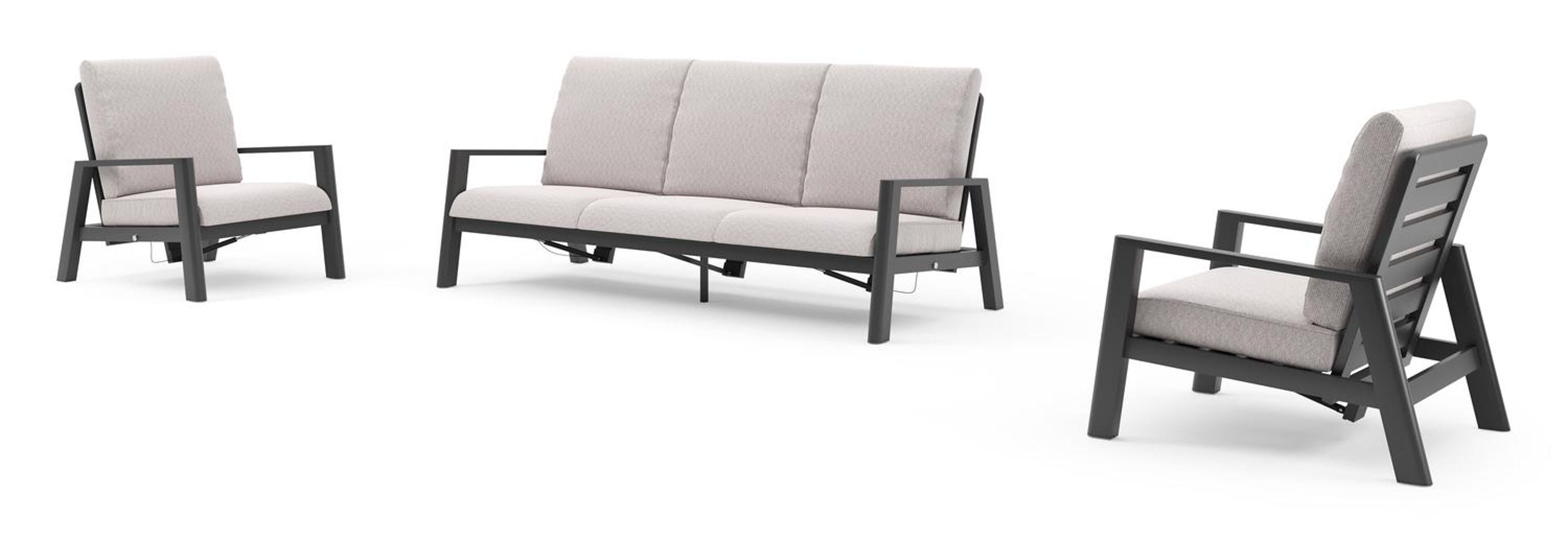 Salon de jardin Cirello en aluminium noir et coussins en all weather sunbrella® luxe wander gobi