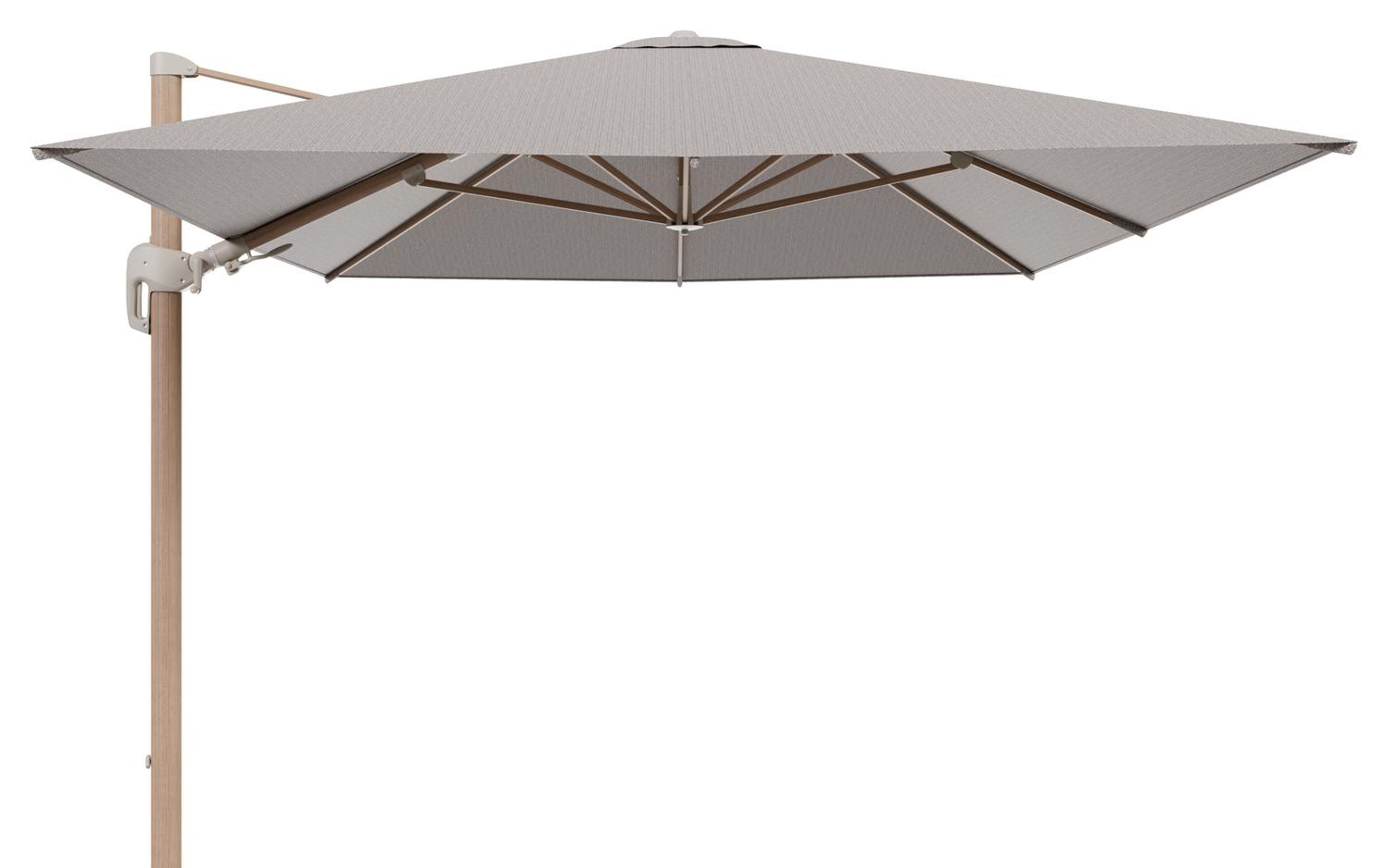 Parasol pendant Rufina avec fonction tilt en aluminium aspect de bois et toile de parasol en All Weather Sunbrella® Luxe Wander Granite  - Lg.1 400 x Lg.2 300 cm (sans pied de parasol