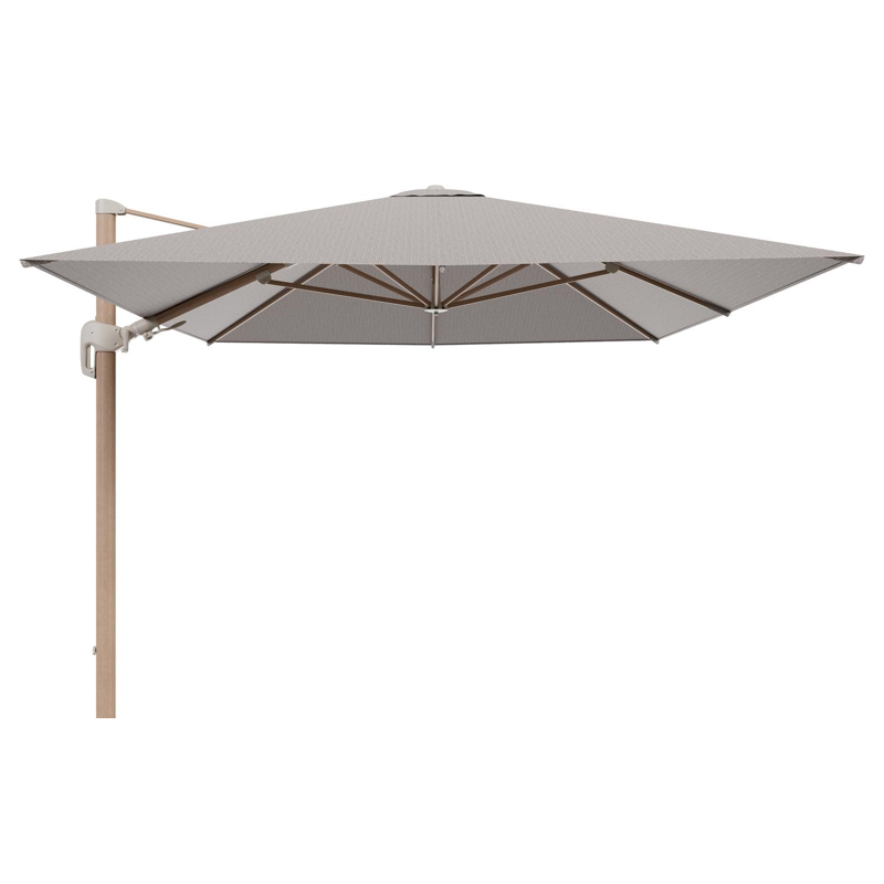 Parasol pendant Rufina avec fonction tilt en aluminium aspect de bois et toile de parasol en All Weather Sunbrella® Luxe Wander Granite - Lg.1 400 x Lg.2 300 cm (sans pied de parasol