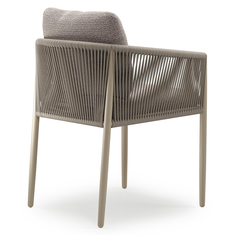 Organo tuinstoel in zwart aluminium en beige verticaal geweven ronde rope met stoelkussen in All Weather Sunbrella® Luxe Wander Granite