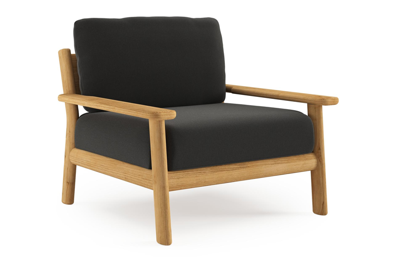 Amaro loungestoel in teak met natte sooty all weather sunbrella® luxe kussen