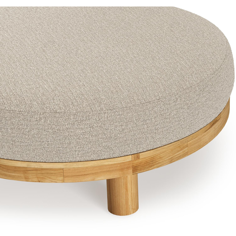 Donato lounge poef in teak en beige verticaal geweven ronde rope met all weather cosytica Catania Sand kussen