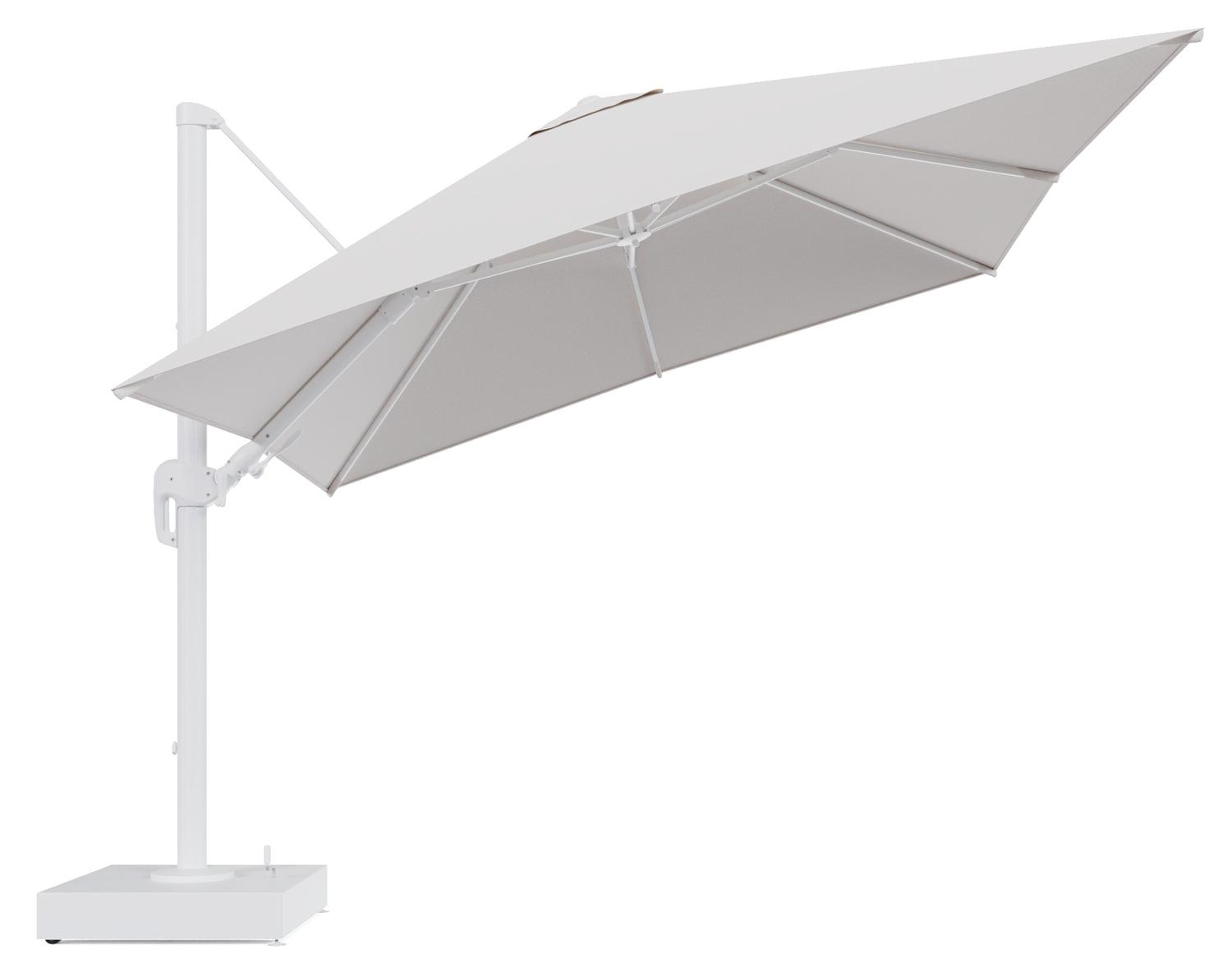 Parasol pendant Rufina avec fonction tilt en aluminium blanc et toile de parasol All Weather Solica Ego Eggshell - Lg.1 300 x Lg.2 300 cm avec pied de parasol Minore 150 kg avec roulettes