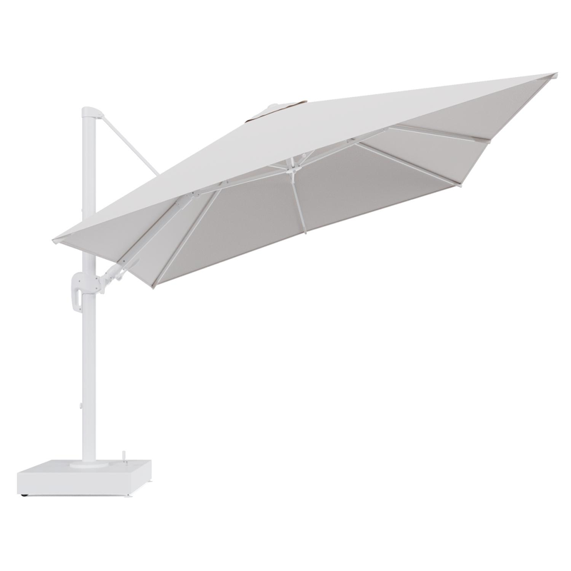Rufina zweefparasol met tiltfunctie in wit aluminium en Ego Eggshell All Weather Solica parasoldoek - L1 300 x L2 300 cm met parasolvoet Minore 150 kg met wielen