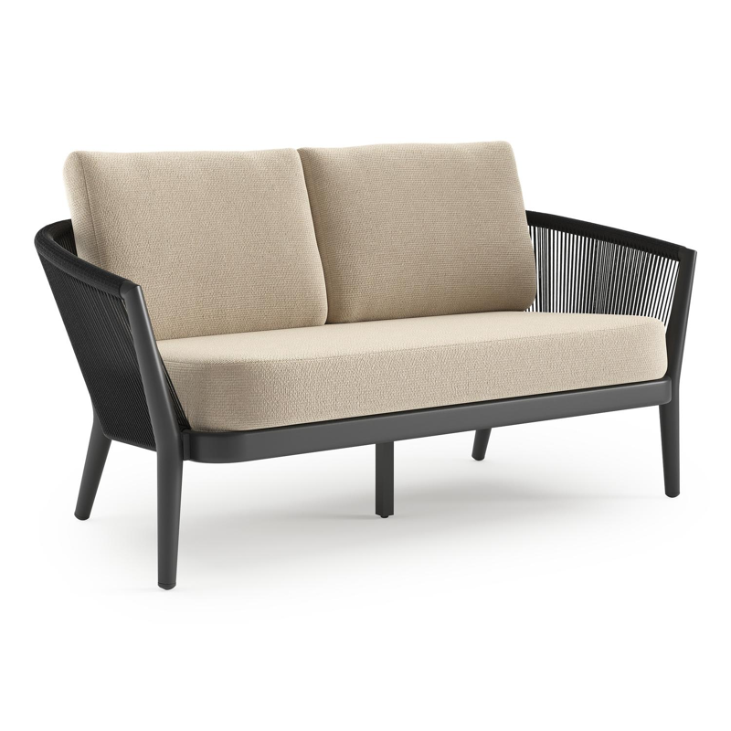 Orso loungebank in zwart aluminium en zwart verticaal geweven ronde rope met Althea Chalk all weather cosytica kussen