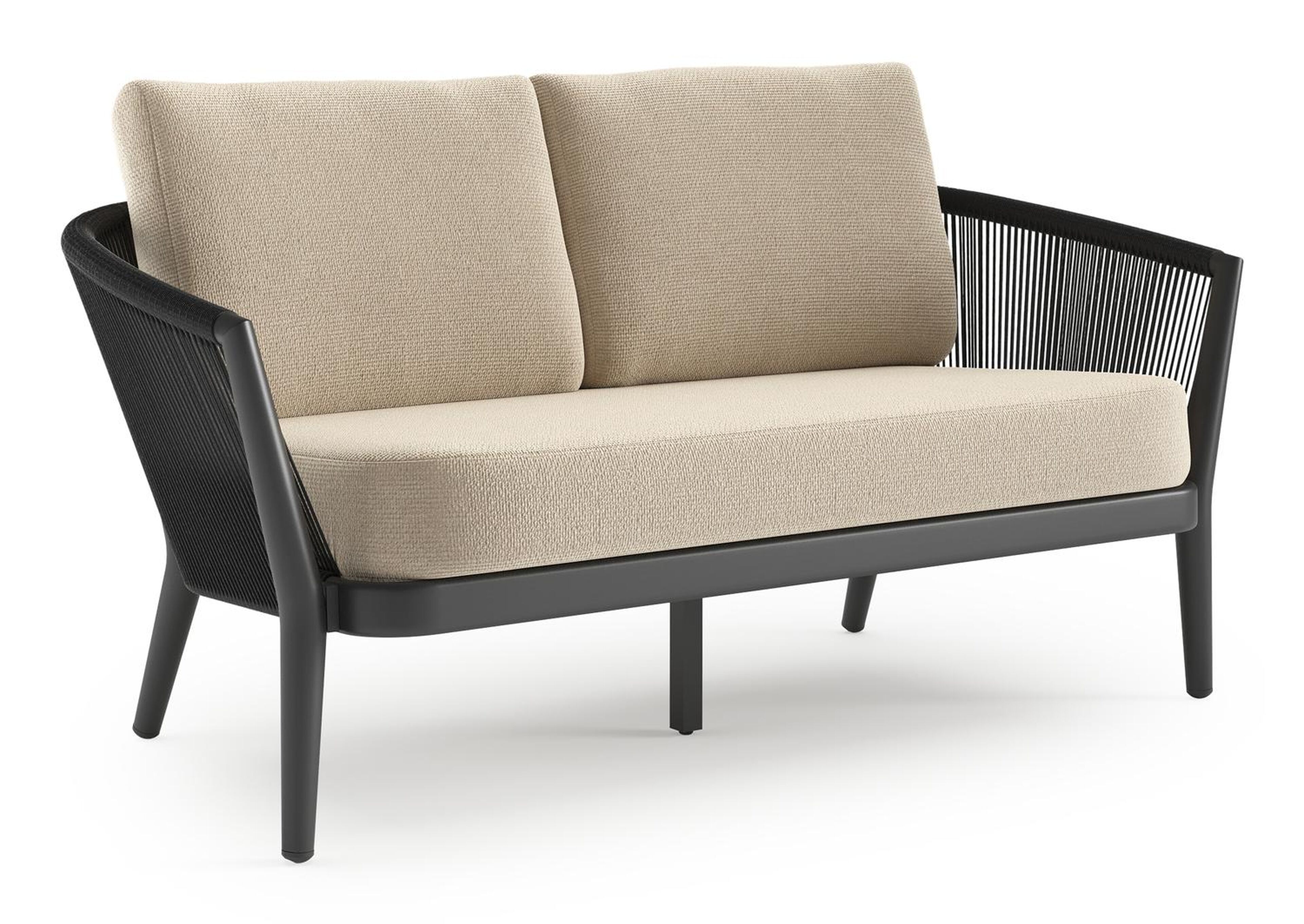 Canapé de jardin Orso en aluminium noir en corde ronde tissée verticalement noir et coussins en all weather cosytica Althea Chalk