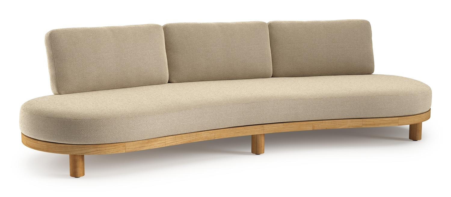 Donato loungebank in teak en beige verticaal geweven ronde rope met all weather cosytica Althea Camel kussen