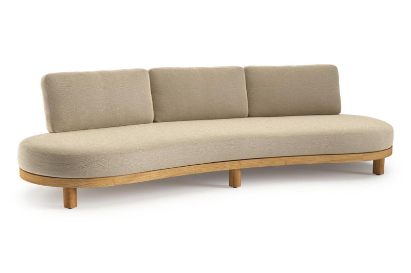 Canapé de jardin Donato en teck et corde ronde tissée verticalement beige et coussins en all weather cosytica Althea Camel