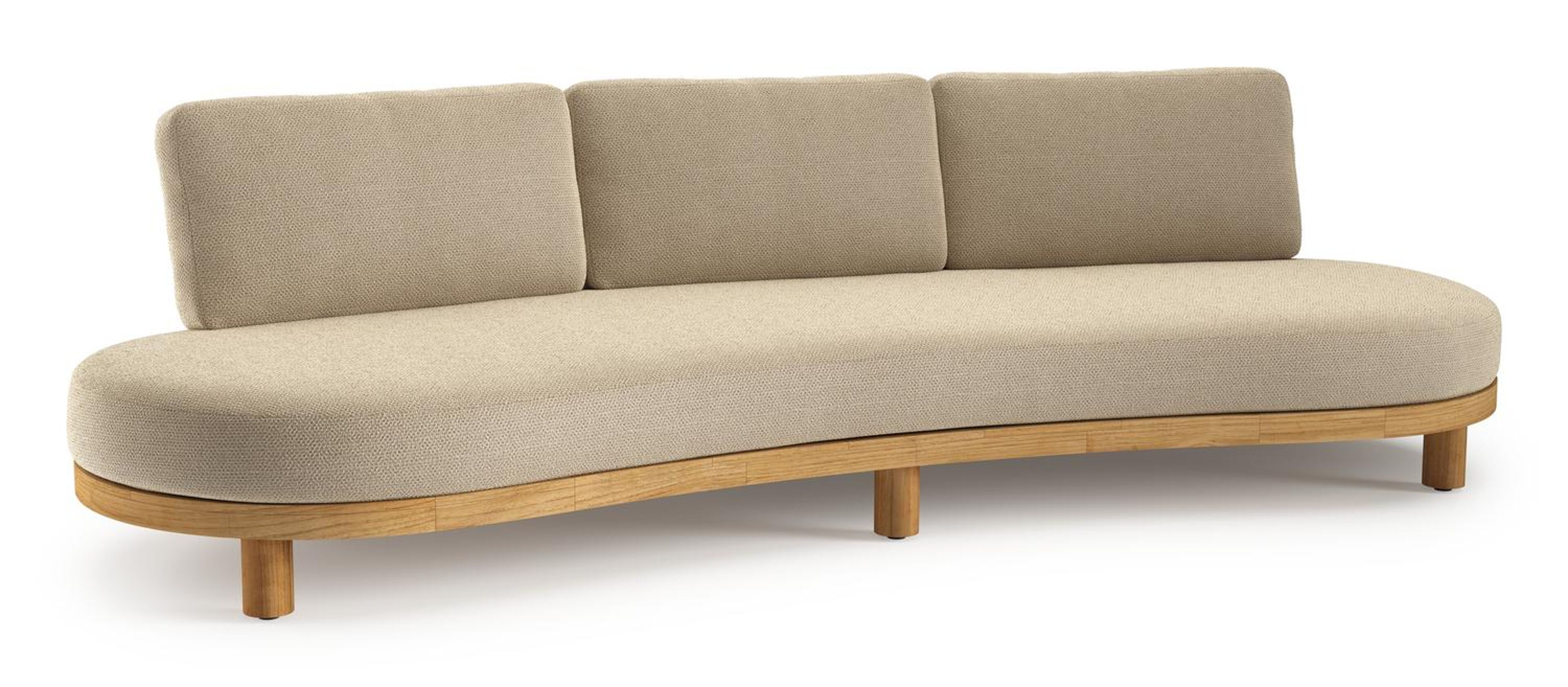 Donato loungebank in teak en beige verticaal geweven ronde rope met all weather cosytica Althea Camel kussen